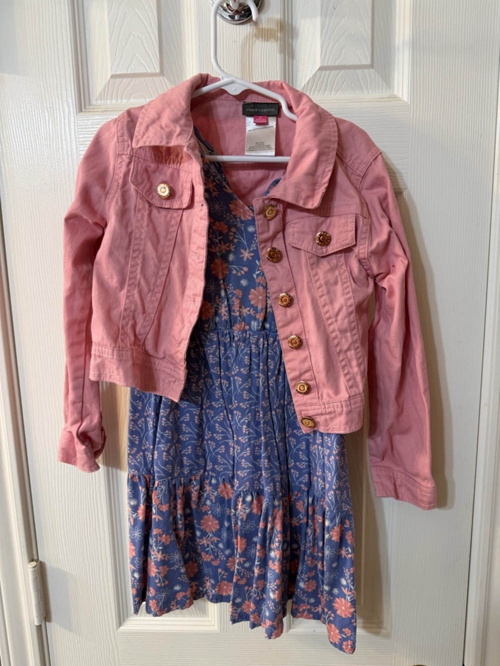 Vince Camuto Pink Cropped Jacket over Blue Floral Dress